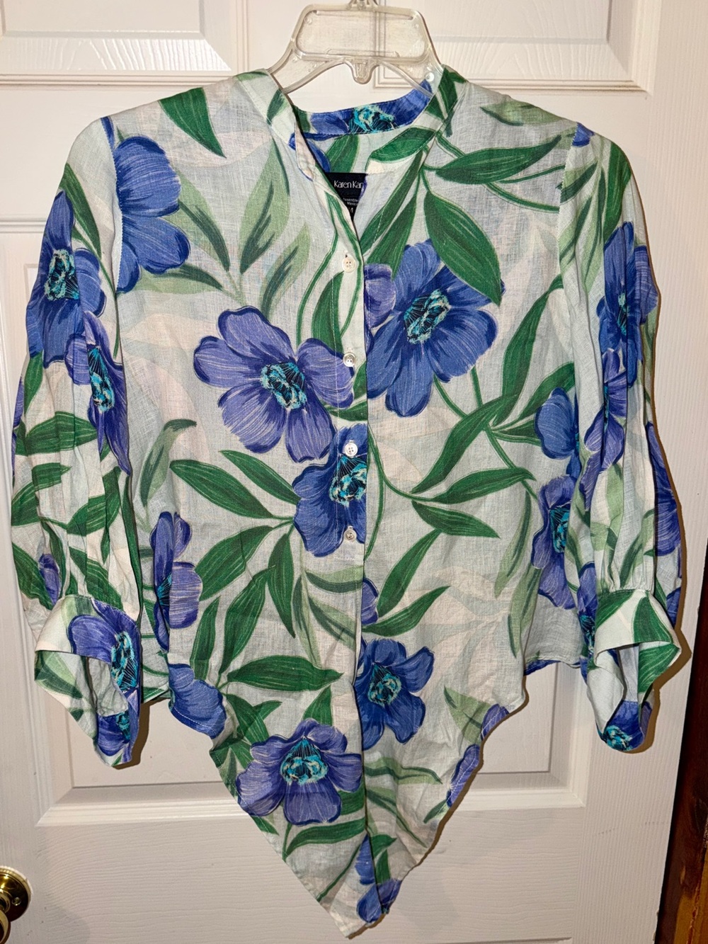 Karen Kane 100% Linen Blue Floral Tie Front Blouse Medium